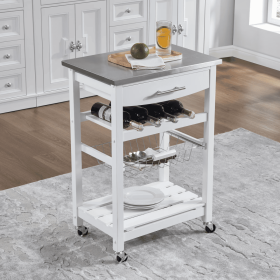 Mobile Rolling Kitchen Island Trolley Serving Cart with Underneath Drawer & Slide-Out Wire Storage Basket (Option: White)