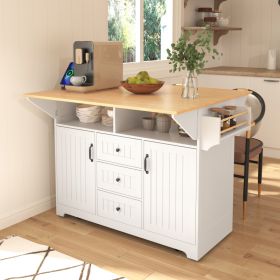 K&K 55.7  Large Kitchen Island With 2 Drop Leaf,, Rolling Kitchen Cart On 5 Wheels With Power Outlet, Folding Storage Dining Table With Spice & T (Option: White)