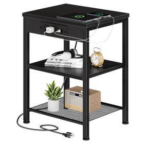 15.7-inch Small Side Table With Charging Device, Coffee Table With Socket And USB Interface, Three-layer Adjustable Storage Bedside Cabinet (Option: Black 1p)