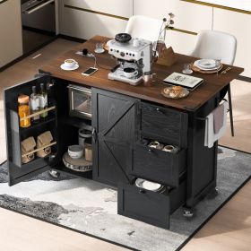 K&K 54.5  Farmhouse Kitchen Island With Power Outlet, Kitchen Storage Island  With Internal Storage Rack, Drop Leaf, Spice Rack, Rolling Kitchen (Option: Black)