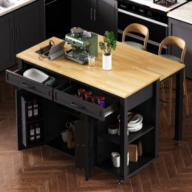 K&K 47 Inch Kitchen Island With Extendable Dining Table, Rubber Wood Veneer Kitchen Table With Internal Storage Rack, Power Outlet, Kitchen Islan (Option: Black)