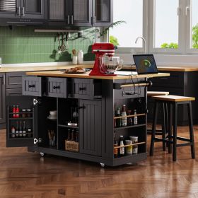 K&K 53inch Large Kitchen Island With 2 Bar Stools, Power Outlet,Door Internal Storage Rack, Kitchen Storage Cart On 5 Wheels With Drop Leaf, 5 Op (Option: Black)