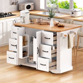 K&K 56 Inch Kitchen Island With Rubber Wood Veneer Drop Leaf, Power Outlet, 4 Door Shelves, Embossed Vertical Stripe Rolling Kitchen Cart On 4 Wh (Option: White)