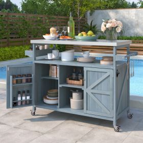 K&K Outdoor Kitchen Island, Rolling Bar Cart & Storage Cabinet, Farmhouse Solid Wood Outdoor Grill Table With Stainless Steel Top, Spice Rack , T (Option: Grey Blue)