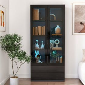 Black Display Cabinet With Glass Doors, with 2-Drawers, LED Lights (Color: Black)