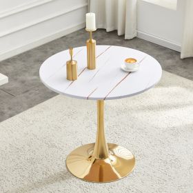 Round Dining Table, 31.5in Circle Tulip Table With Thickened Tabletop & Metal Pedestal, Mid Century Modern Bistro Table For Kitchen, Small Places (Option: Gold White)