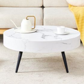 Modern 31.5" Round White Marble-Patterned Coffee Table with Adjustable Black Metal Legs (Color: White)