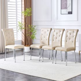 A Set Of 4 Beige And Silver Vintage Crocodile Leather Cushioned Dining Chairs, Featuring Crystal Clasp Design And Artificial Leather Design, Addi (Option: Beige Silver)