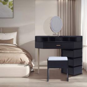 Black Vanity Table Stool Set,Tri-Color Illuminated Mirror, Four Drawers, With Socket (Color: Black)