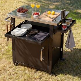 K&K 39.5  Outdoor Grill Cart With Storage Cabinet, Outdoor Bar Cart Pizza Oven Table With Wheels, Stainless Steel Top, Outdoor Kitchen Island Wit (Option: Black)