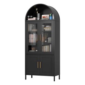 Modern Black Metal Arched Storage Cabinet With Glass Doors (Color: Black)