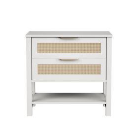 Rattan Nightstand With 2 Drawers And Storage Shelf Boho Bedside Narrow Side Table For Bedroom (Option: White)