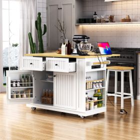 48 Inch Kitchen Island With Drop Leaf,Power Outlet,Internal Storage Rack,Rolling Kitchen Storage Cart On 5 Wheels With 5 Open Side Racks For Kitc (Option: White)