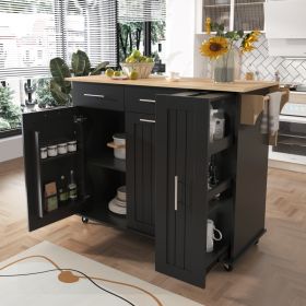 K&K Kitchen Island With Drop Leaf, Kitchen Storage Cart With 3 Tier Pull Out Cabinet Organizer, Internal Storage Rack, Rolling Kitchen Cart On Wh (Option: Black)