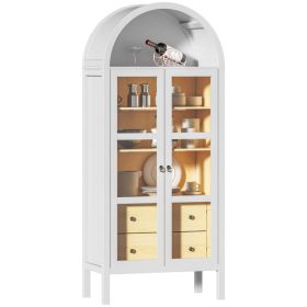 Modern Arched Cabinet With Glass Doors,72  Tall Auto Sensor Light Farmhouse Arch Storage Cabinet With Height Adjustable Shelf And 2 Drawers Displ (Option: White Oak)