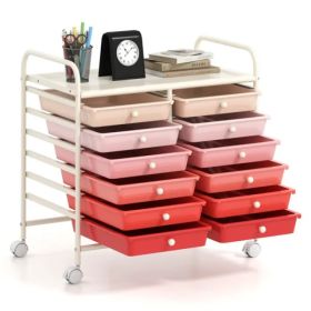 12-Drawer Rolling Storage Cart - 2-Row 10-Storey, Multicolor Drawers, 4 Wheels (2 Brake), White Frame-Pink (Option: defaulttitle)