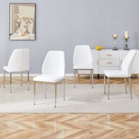 4 White Modern Dining Chairs With Stylish Patterned Backrest And Silver Metal Legs (Color: White)