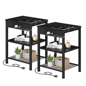 15.7-inch Small Side Table With Charging Device, Coffee Table With Socket And USB Interface, Three-layer Adjustable Storage Bedside Cabinet (Option: Black  2P)
