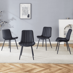 Black Four Piece Dining Chair Set, Ergonomic Design with Extended Seat Cushion With Metal Leg Structure (Color: Black)