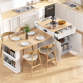 K&K 82.6  Fluted Kitchen Island With Extendable Dining Table For 4 6, Island Table For Kitchen With Power Outlet, Kitchen Table With Double Side (Option: White)