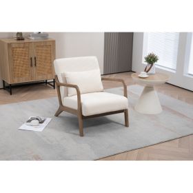 Mid Century Modern Accent Chair With Wood Frame, Upholstered Living Room Chairs With Waist Cushion, Reading Armchair For Bedroom Sunroom (Option: Antique White)