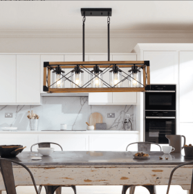 32 Inch Walnut Industrial Farmhouse Rectangle Pendant Light, 5-Light Chandelier With Lampshades for Kitchen Island (Option: Walnut and black)