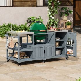 K&K 75.4  Outdoor Kitchen Island With Sink, Solid Wood Outdoor Grill Cart For XL Green Egg Grills, Rolling Outdoor Bar Cart With Stainless Steel (Option: Grey Blue)