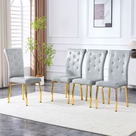 A Set Of 4 Gray And Gold Vintage Crocodile Leather Cushioned Dining Chairs, Featuring Crystal Clasp Design And Artificial Leather Design, Adding (Option: Gold Gray)