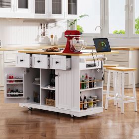K&K 53inch Large Kitchen Island With 2 Bar Stools, Power Outlet,Door Internal Storage Rack, Kitchen Storage Cart On 5 Wheels With Drop Leaf, 5 Op (Option: White)