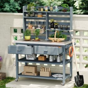 K&K 64.9 H Outdoor Potting Bench Table With Lockable Wheels, Solid Wood Outdoor Kitchen Island With Upper Hutch, Stainless Steel Top, Towel Rack (Option: Grey Blue)