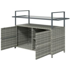 2-Tier Shelf PE Rattan Outdoor Bar Table, Glass Top Outdoor Serving Cart With Cabinet, Mixed Gray (Option: Mixed Gray)
