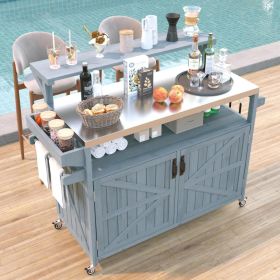 K&K 53.3  Outdoor Kitchen Island With Raised Shelf, Solid Wood Storage Cabinet With Stainless Steel Top, Outdoor Rolling Grill Cart With Internal (Option: Grey Blue)