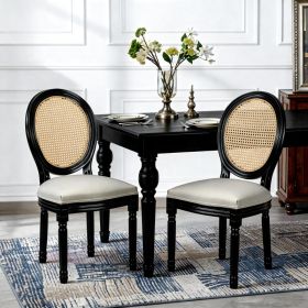 French Country Dining Chairs Set Of 2, Upholstered  Chairs With  Rattan Round Back,   For Living Room, Kitchen , Restaurant Use, Black Solid Wood (Option: Black)