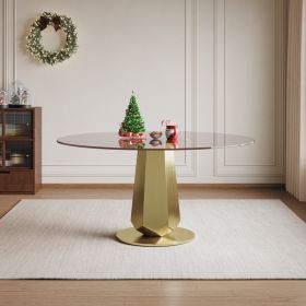 53 Inch Luxury Round Dining Table With Smoked Glass Top  Modern Kitchen Table For 4-8 People  Gold Stainless Steel Base & Easy Assembly  Space Sa (Option: Antique Black Gold)