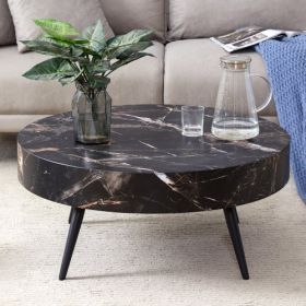 Modern 31.5" Round Black Marble-Patterned Coffee Table with Adjustable Black Metal Legs (Color: Black)
