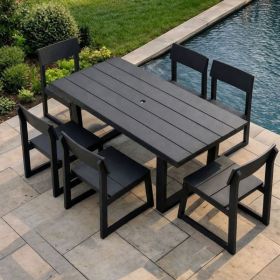 7-Piece HDPE Outdoor Dining Set For 6 - Weather-Resistant Patio Table With Umbrella Hole And 6 Armless Chairs, Durable Garden Furniture For Backy (Option: Black)