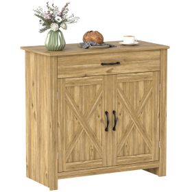 Farmhouse Sideboard Buffet Cabinet, Barn Door Coffee Bar Cabinet with Drawer and Adjustable Shelf for Kitchen, Living Room, Entryway, Natural Wo (Option: Natural Wood-920x175x485 mm)