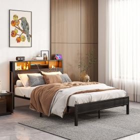 Full Size Bed Frame With Storage Headboard, Metal Platform Bed With Charging Station, No Box Spring Needed, Easy Assembly, (Option: Full)