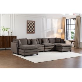 Modern 4seats With 2ottoman 149.61 Sectional Sofa With Waist Pillows,4 Seat Upholstered Symmetrical Sofa Furniture,Sleeper Sofa Couch With Chaise (Option: Antique Grey)