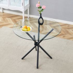 Round 36.6" Tempered Glass Round Table with Four Interwoven Black Metal Legs (Option: SilverTransparent)