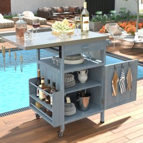 K&K 40.5  Outdoor Grill Cart With Stainless Steel Top, Solid Wood Outdoor Storage Cabinet With Drop Leaf, One Drawer, Towel Rack, Rolling Kitchen (Option: Blue Grey)