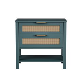 Rattan Nightstand With 2 Drawers And Storage Shelf Boho Bedside Narrow Side Table For Bedroom (Option: Green)
