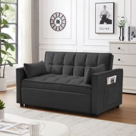 Velvet Convertible Sofa  with Reclining Backrest and Matching Toss Pillows (Color: Black)