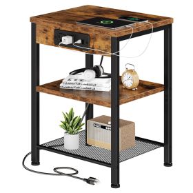 15.7-inch Small Side Table With Charging Device, Coffee Table With Socket And USB Interface, Three-layer Adjustable Storage Bedside Cabinet (Option: Brown 1p)