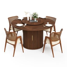 55-inch Round Dining Table For Six, Featuring A Double-tiered Storage Rack And A Rotating Tabletop Tray. Wooden Wavy-striped Sliding Doors. Ideal (Option: Walnut)