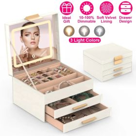 Jewelry Box With LED Mirror 3-Layer Jewelry Organizer With 2 Drawers PU Jewelry Holder With 3 Mirror Light Colors Dimmable For Earrings Rings Bra (Option: CreamyWhite)