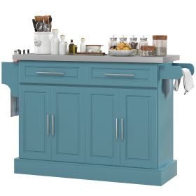 Rolling Kitchen Island with Stainless Steel Top, 2 Drawers, Spice, Knife and Towel Rack and Cabinets, Teal Blue (Option: Light Blue-930x485x210 mm)