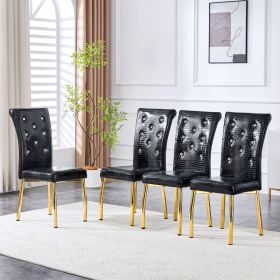 Set Of 4,Retro Alligator Skin Upholstered Dining Chairs,with Crystal Buckle Design And Faux Leather Design,a Touch Of Elegance And Mystery To The (Option: Black Gold)