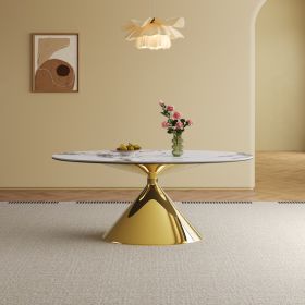 71 Modern Luxury Marble Dining Table Set For 4-6 People - Oval Kitchen Table With Gold Stainless Steel Base  - Elegant Contemporary Dining Room F (Option: Gold   White Print)