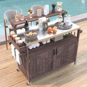 K&K 53.3  Outdoor Kitchen Island With Raised Shelf, Solid Wood Storage Cabinet With Stainless Steel Top, Outdoor Rolling Grill Cart With Internal (Option: Brown)